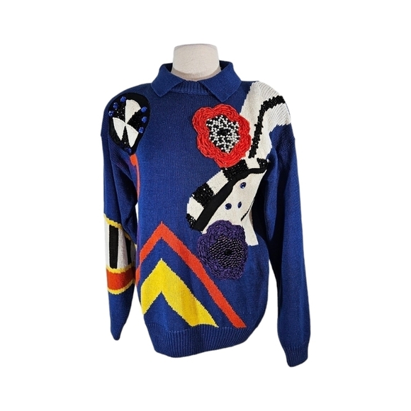 Bonnie and Bill Sweaters - Vintage 1990 Bonnie and Bill Blue Abstract Design Beaded Sweater